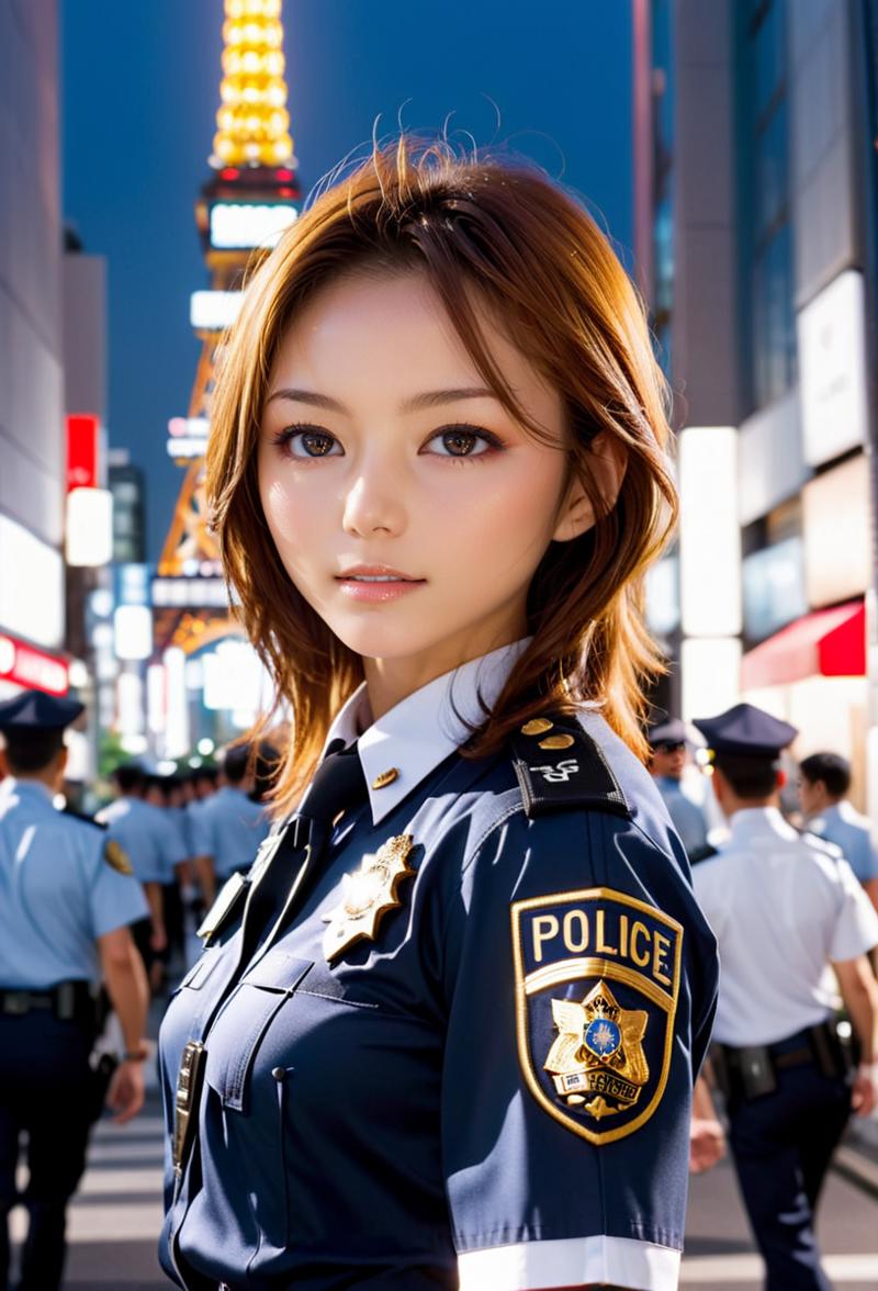 03313-862723947-cinematic photo of sidelight,slender,shiny make-up,sweat,blurry background,rim_light,police_uniform,frontlight,22yo,__lora_Rio_X.png